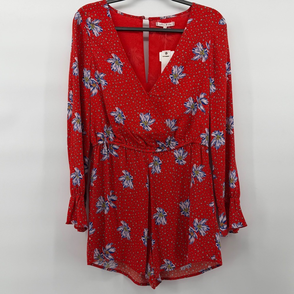 Willow & Clay Red Floral Print Long Sleeve Romper V-Neck Smocked women's Small - Picture 4 of 5